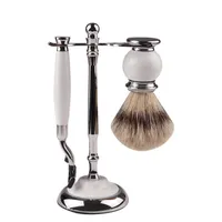 Кисти для макияжа 3 в 1 Высококачественные мужские бритья с белой ручкой из нержавеющей стали бритва Щетка Bardger Hair Beard