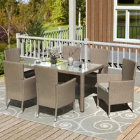 US Stock U_style Outdoor Wicker Dining Set 7 Piece Patio Dinning Table Beige-Brown Wicker Furniture Sitting A18