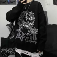 Woherb Harajuku Pullover Frauen Mann Punk Streetwear Jacquard Print Gestrickt Pullover Korean Mode Pull Jumper Unisex Herbst 210811