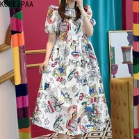 Korejpaa Kvinnor Klänning Korea Chic Åldersreducerande Barntecknad Brev Graffiti Printing Loose Big Swing Dress Long Vestido 210526