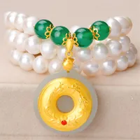 Anhänger Halsketten Habitoo Gluster Natural 8-9mm weiß kultiviertes Süßwasserperl 999 Gold und Jade Round Halskette Schmuck für Frauen Geschenk