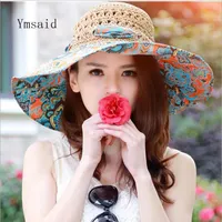 YMSAID SOMMER GROSSE BRIM STRAND SUN HATS Frauen UV-Schutzkappen mit großem Kopf faltbarer Art-Model-Strohhut breit