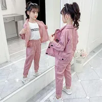Kläder uppsättningar tjejer våren höst kostymer 2021 koreanska versionen av solid färg lös avslappnad två-del kostym stora barn trend