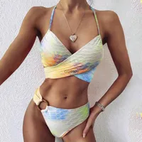 Meninas Casual Dois Peças Swimwear Surfwear Conjuntos Verão Sexy Profundo V Backless Underwear Fashion's Moda Tie Tintura Imprimir Beach Beach Bikini