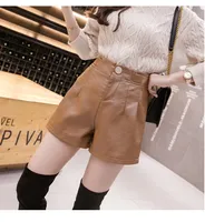 Осень зима Новый Корейский мода женская высокая талия сплошной цвет PU кожи широкие ноги плюс размер шорты ботинок вырезать шорты SMLXL