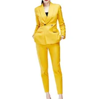 Kvinnors kostymer Blazers 2021 Fashion Yellow Double Breasted Slim Fit 2 Pieces Female Office Uniform Style Tuxedo Dos Piezas Mujer