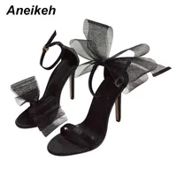 Aneikeh Women High Heels 2022 Summer Sandals Sexy Silk Club Bow Fashion Ankle Strap ELEGANT Wedding Party Lady Shoes NEW 0128