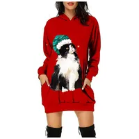 Robes décontractées Glow Elk Graphic Christmas Femmes Filles à manches longues Sweatshirt à capuche Mini robe avec chemisier de poche Vestidos