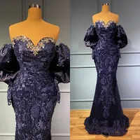 2021 Plus Size Arabic Aso Ebi Luxurious Lace Beaded Prom Dresses Memraid Sexy Navy Blue Evening Formal Party Second Reception Gowns Dress ZJ329