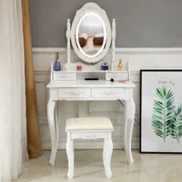 LED 라이트, 침실 가구 메이크업 세트 와코 허영 테이블 타원 거울 쿠션 의자 나무 드레싱 테이블, 여자를위한 4 서랍 여자, 흰색