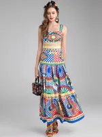 Kadın İki Parçalı Elbise Pist Moda Spagetti Kayışı + Etek Takım Küme Baskı Pamuk Karıştırma 2 Parça Setleri