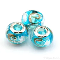 100Pcs Sky Blue Foil Alphabet &quot;e&quot; lampwork Glass Big Hole Spacers Beads Fit Beaded Bracelet