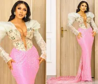 2021 Plus Size Arabisch ASO EBI Pink Luxueuze Mermaid Prom Dresses Beaded Lace Crystals Evening Formele Partij Tweede Receptie Jurken Jurk ZJ224
