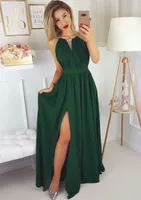 A-line Dark Green Chiffon Prom Dresses Scoop Neck Sleeveless Backless Side Split Floor Length Party Dress
