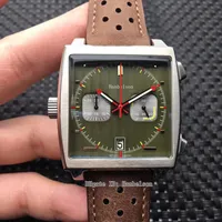 Montre de luxe VK Quartz movement mens watch Square surface stainless steel Luminous brow leather strap relojes lujo para hombre Green dial