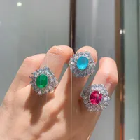Sterling Silver Synthetic 8 * 10 mm Paraiba Tourmaline Ruby Emerald Lab Anillos de diamante para mujeres Cocktail Fine Jewelry Cluster