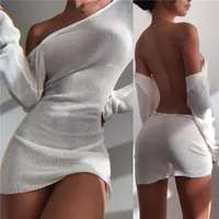 Kadın Mayo Meihuida Kadınlar Seksi Backless Kapak-UPS Yetişkinler See-throom Düz Renk Uzun Kollu Yuvarlak Boyun Elbise