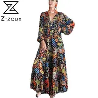 Z-Zoux Kadınlar Elbise V Yaka Fener Kol Baskı Elbiseler Artı Boyutu Uzun Vintage Çiçekler 2021 Casual