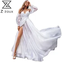 Z-Zoux Kadınlar Elbise Beyaz Şifon Elbiseler V Boyun Kapalı Omuz Maxi Parti Yüksek Bel Bölünmüş Büyük Hem Bohemian 2021 Günlük