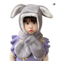 새로운 어린이 모자 가을과 겨울 두꺼운 따뜻한 귀 보호자 만화 귀여운 토끼 귀 솜 털 모자와 스카프 세트