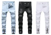 Erkek Kot Adam Erkek Yırtık Biker Beyaz / Mavi Diz Pileli Ayak Bileği Fermuar Marka Slim Fit Kesim Homme için Skinny Jean Pantolon