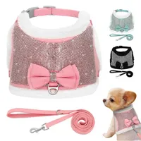 Bling s Harness For Small Dogs Cats Soft Warm Dog Vest Leash Set With Bowtie Winter Pet Clothes Chihuahua 220122