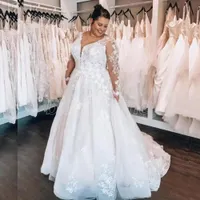 Plus Size Lace A-line Wedding Dresses Illusion Long Sleeves Vintage Appliques Floor Length Big Bridal Gowns Robe De Mariee Designer Marriage Dress