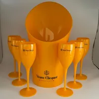 1 Ice Bucket 6 Small Glass Party Coupes Cocktail Champagne Flutes Goblet Plastic Orange Whisky Cups and Cooler