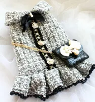 Roupas de cão artesanal estilo vintage cinza tweed imitação de couro saco cão vestidos outono inverno primavera