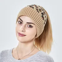 여성 캐주얼 니트 높은 포니 테일 비니 모자 가을 겨울 모자 표범 인쇄 패션 두꺼운 따뜻한 여성 야외 스포츠 모자 xy485