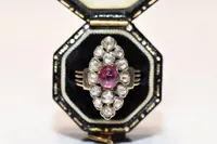 클러스터 반지 골동품 원래 빅토리아 시간 14K 골드 천연 장미 컷 다이아몬드와 루비 장식 놀라운 Navette 반지