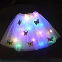 파티 장식 LED 미니 스커트 나비 조명이 빛나는 Tutu 꽃 화환 빛나는 의상 공 쇼 결혼 생일 선물 2-8 년 소녀