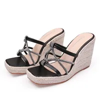 Slippers Europe And The United States Microfiber With Rhinestone Sandals Women Summer Sexy Platform Wedge Straw High Heel Slides