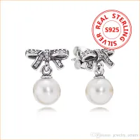 Klasyczny styl 925 Sterling Silver Bowknot Natural Pearls Wisiorek Kolczyk Oryginalne pudełko na kolczyki Pandora Dangle dla kobiet