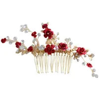 Jonnafe Rojo Rojo Floral Hource For Women Prom Bridal Hair Peine Accessories Hecho A Mano Joyería De Boda 1854 T2