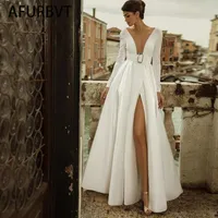 Casual jurken elegante witte lange mouwen split jurk vrouwen sexy diepe v-hals partij feest lengte backless avond chic vestidos