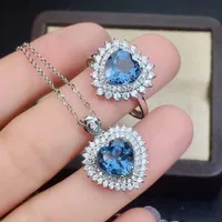 Naturlig Schweiz Topaz Set för kvinnor Party Halsband och Ring Fine Smycken Real Blue Gemstones Gifts S925 S33