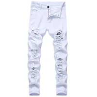 Erkekler Yırtık Kot Beyaz Kırmızı Siyah Streç Slim Fit İlkbahar Sonbahar Denim Pantolon Sıkıntılı Hip Hop Streetwear Biker Kot Pantolon X0621