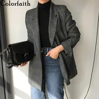 Colorfaith 2021冬の春の女性のブレザー格子縞の二重胸肉ポケットフォーマルジャケットチェッカーアウターウェアトップJK7113 220210