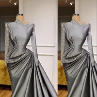 2021 Mermaid Grau Saudi-arabische lange Ärmel Abendkleider tragen Major-Perlen-Pailletten Taft-Abschlussballkleid Vestidos de Fiesta Formale Party-Kleider