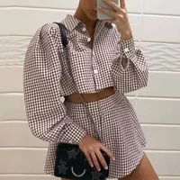 Women&#039;s Tracksuits Pink Y2K Casual Plaid Lounge Wear Women Tracksuit Shorts Set Long Puff Sleeve Shirt Tops And Mini Two Piece