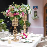 Porte-bougie Métal Crystal Mariage Centerpice Vases pour tables Gold Trompette Flower Vase Stands Fête Réception Dîner