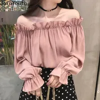 Joinyouth Ruffles solido Blusas Mujer Spring Flare Sleeve New Fashion Blouss Donne Solid Off Spalla Sexy Shirts J391 210410