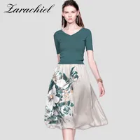 Ensemble jupe à imprimé floral pour femmes et tricoté noirâtre vert pull-ovover d'été à manches courtes à manches courtes à manches courtes 2 Outfit 210416