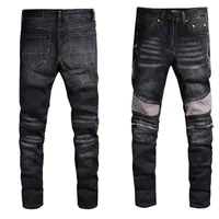 Men's Jeans Top quality Men Skinny Ripped Holes Motorcycle Biker Patch splice Fashion Hip Hop Famous printing Denim Pants ICKF