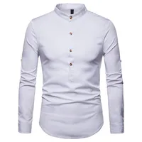Rolled Up Sleeve Shirt Men 2021 Autumn Stand Collar Mens Dress Shirts Chemise Homme Henry Tops Camiseta Men&#039;s Casual
