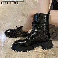 Çizmeler Ribetrini Kız Serin Dantel-up Marka Metalik Ayak Bileği Ayakkabı Moda Yüksek Platformu Kadın Med Topuklu Boots1
