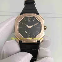 Echt Foto Herren Automatische Uhren Herren Schwarzes Zifferblatt Octo 103286 18 Karat Rose Gold Saphir Glas Lederarmband Mechanische Transparente Rückseite Armbanduhren Watch