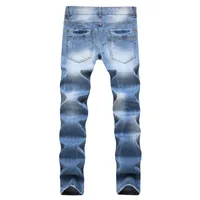 Мужские джинсы мужские повседневные отверстия разорваны прямые длинные джинсовые брюки светло-голубой промытые байкерские брюки ковбойская вечеринка носить молодой человек