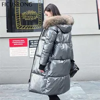 Ficusrong Nedensel Parlak Gümüş Aşağı Ceketler Kış kadın Uzun Kürk Yaka Kapşonlu Ceket Parkas Kalın Ceket Kadın Dış Giyim 220106